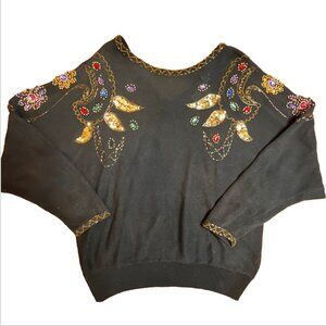 VTG 80/90s Sequin Sweater SZ M Metallic Embroidered Granny Black Paisley Dolman